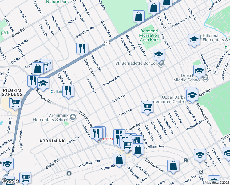 map of restaurants, bars, coffee shops, grocery stores, and more near 1017 Morgan Avenue in Drexel Hill