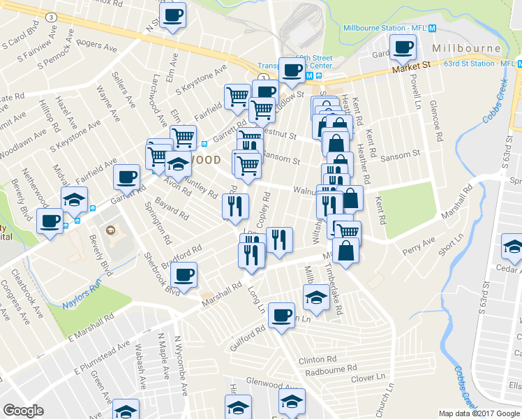map of restaurants, bars, coffee shops, grocery stores, and more near 248 Copley Road in Upper Darby