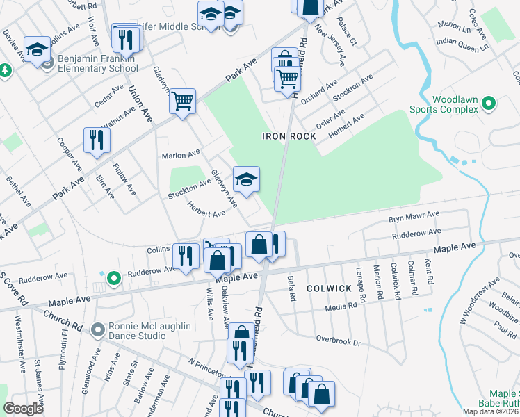 map of restaurants, bars, coffee shops, grocery stores, and more near 3799 Rhode Island Court in Pennsauken Township