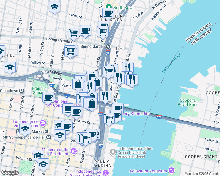 map of restaurants, bars, coffee shops, grocery stores, and more near in Philadelphia