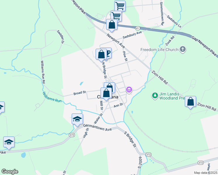 map of restaurants, bars, coffee shops, grocery stores, and more near 107 North Bridge Street in Christiana