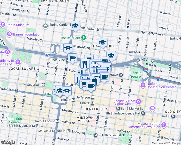 map of restaurants, bars, coffee shops, grocery stores, and more near 1123 Race Street in Philadelphia