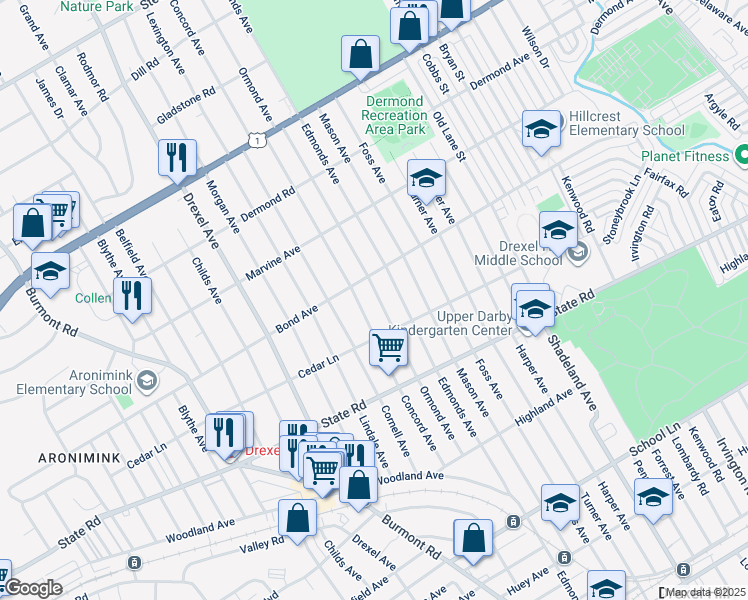 map of restaurants, bars, coffee shops, grocery stores, and more near 930 Ormond Avenue in Drexel Hill