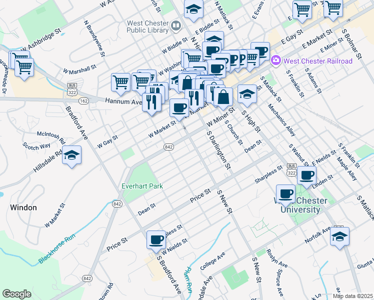 map of restaurants, bars, coffee shops, grocery stores, and more near 319 West Barnard Street in West Chester