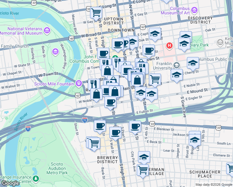 map of restaurants, bars, coffee shops, grocery stores, and more near 310 South High Street in Columbus