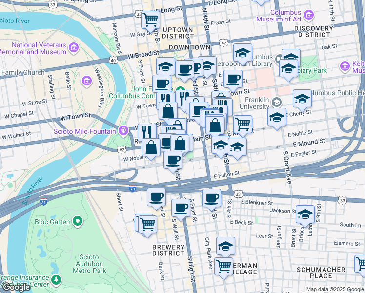 map of restaurants, bars, coffee shops, grocery stores, and more near 310 South High Street in Columbus