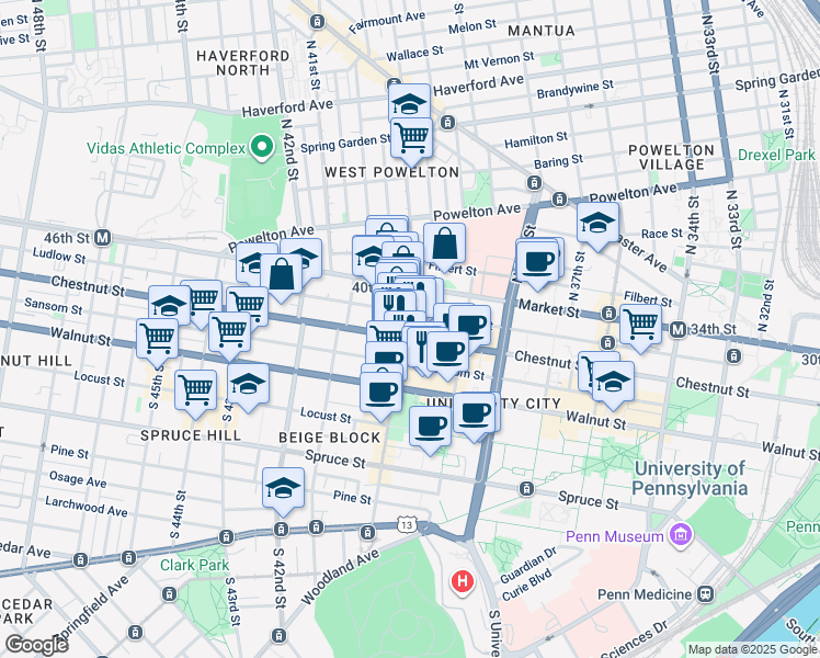 map of restaurants, bars, coffee shops, grocery stores, and more near in Philadelphia