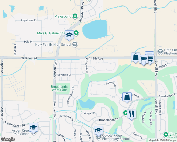 map of restaurants, bars, coffee shops, grocery stores, and more near 4590 Elizabeth Lane in Broomfield