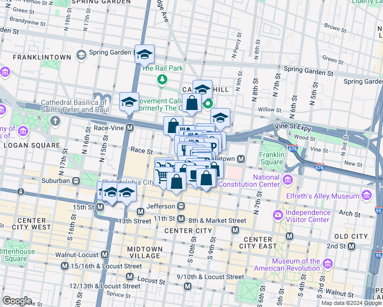 map of restaurants, bars, coffee shops, grocery stores, and more near 209 North 11th Street in Philadelphia