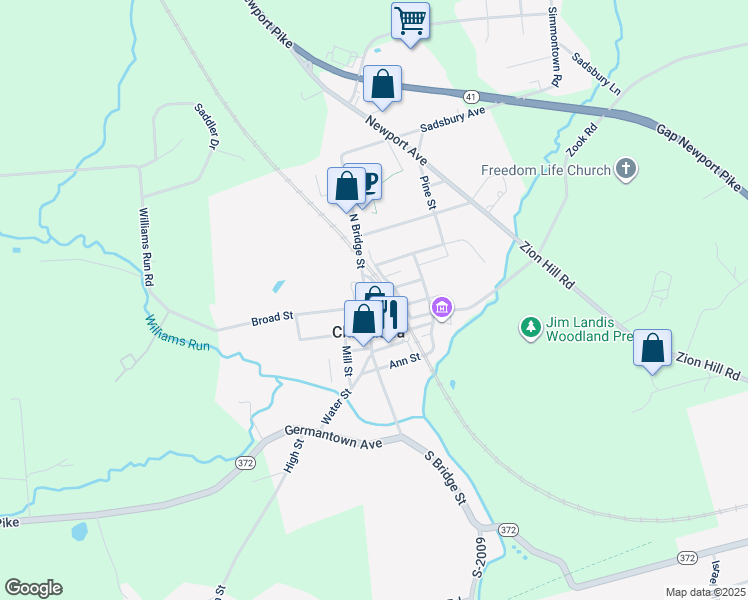 map of restaurants, bars, coffee shops, grocery stores, and more near 107 North Bridge Street in Christiana