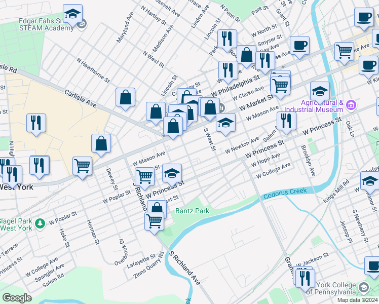 map of restaurants, bars, coffee shops, grocery stores, and more near 667 West King Street in York