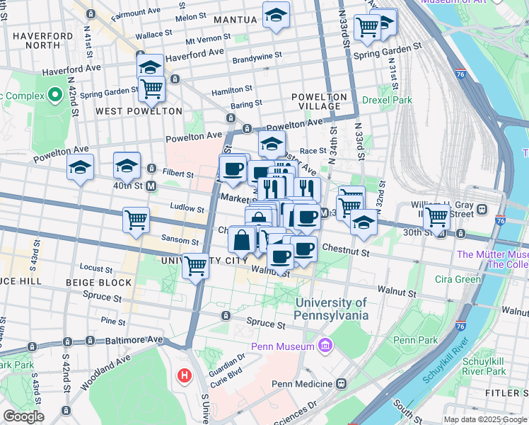 map of restaurants, bars, coffee shops, grocery stores, and more near 3624 Market Street in Philadelphia