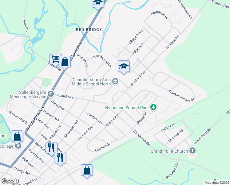 map of restaurants, bars, coffee shops, grocery stores, and more near 1957 Scotland Avenue in Chambersburg