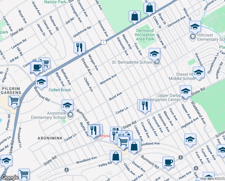 map of restaurants, bars, coffee shops, grocery stores, and more near 1017 Morgan Avenue in Drexel Hill