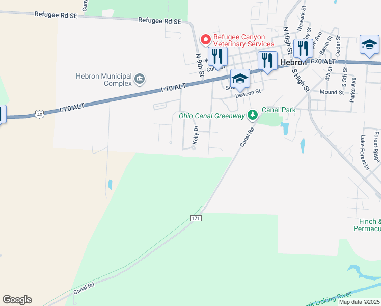 map of restaurants, bars, coffee shops, grocery stores, and more near 1073 Kelly Drive in Hebron