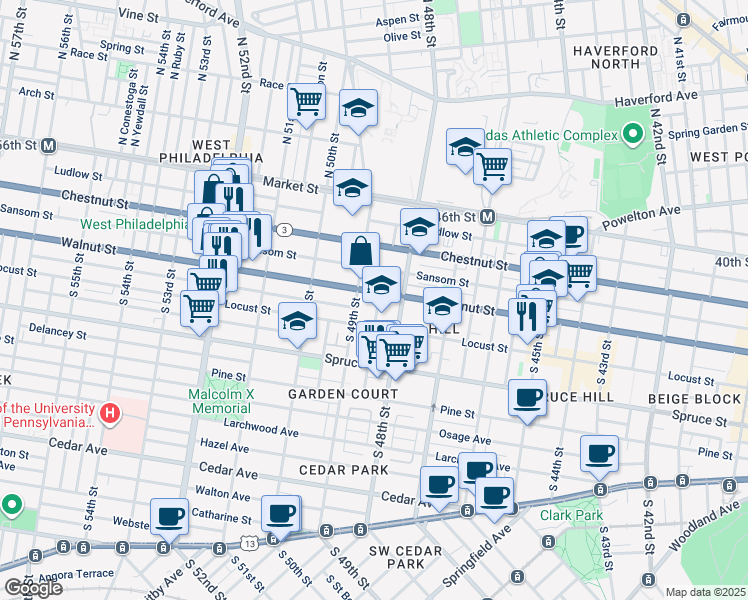 map of restaurants, bars, coffee shops, grocery stores, and more near 4826 Walnut Street in Philadelphia