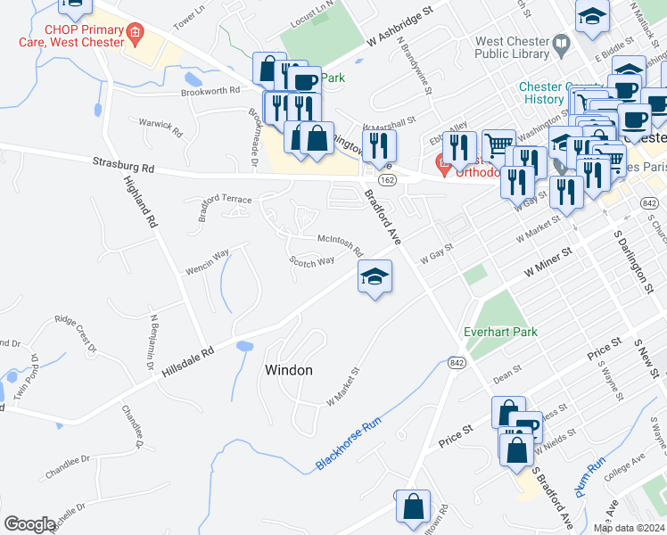 map of restaurants, bars, coffee shops, grocery stores, and more near 732 Scotch Way in West Chester