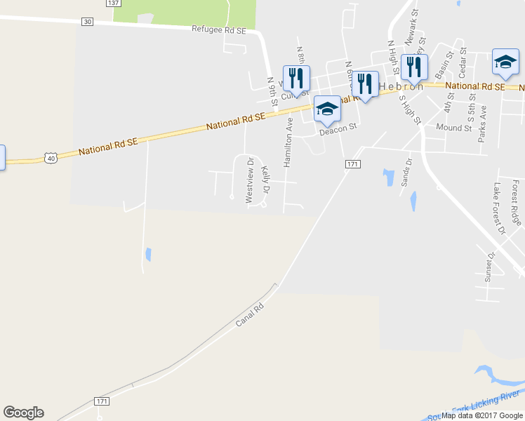 map of restaurants, bars, coffee shops, grocery stores, and more near 1073 Kelly Drive in Hebron