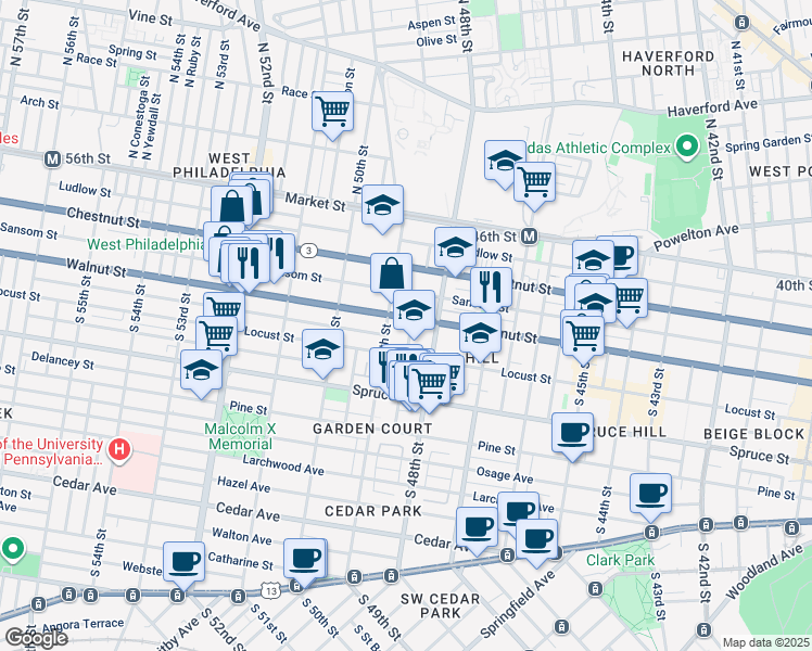 map of restaurants, bars, coffee shops, grocery stores, and more near 4826 Walnut Street in Philadelphia