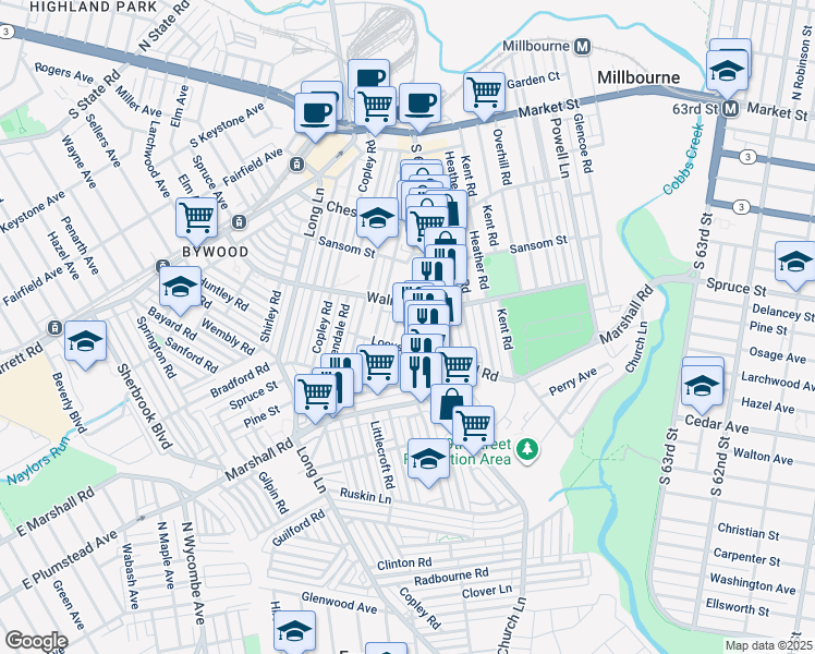 map of restaurants, bars, coffee shops, grocery stores, and more near 535 Millbank Road in Delaware County