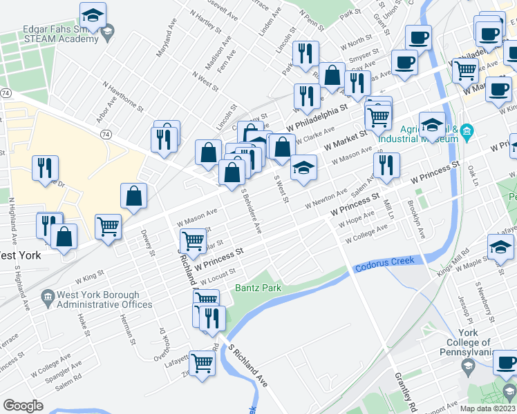 map of restaurants, bars, coffee shops, grocery stores, and more near 657 West King Street in York