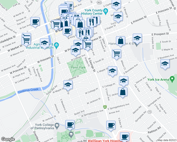 map of restaurants, bars, coffee shops, grocery stores, and more near 429 Lindberg Avenue in York