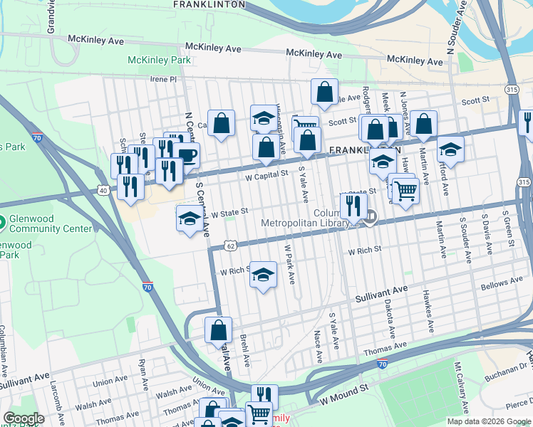 map of restaurants, bars, coffee shops, grocery stores, and more near 112 South Princeton Avenue in Columbus