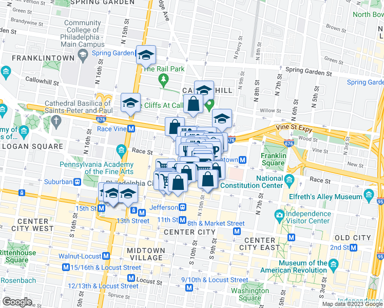 map of restaurants, bars, coffee shops, grocery stores, and more near 209 North 11th Street in Philadelphia