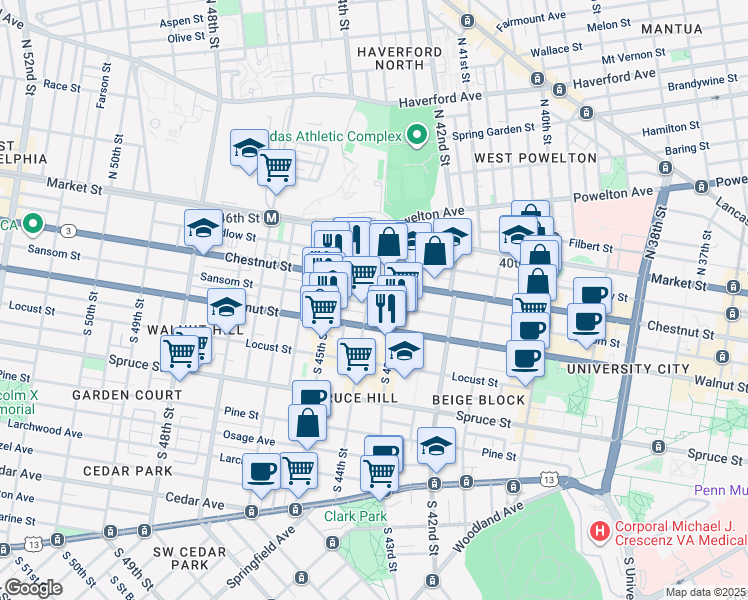 map of restaurants, bars, coffee shops, grocery stores, and more near 123 South 44th Street in Philadelphia