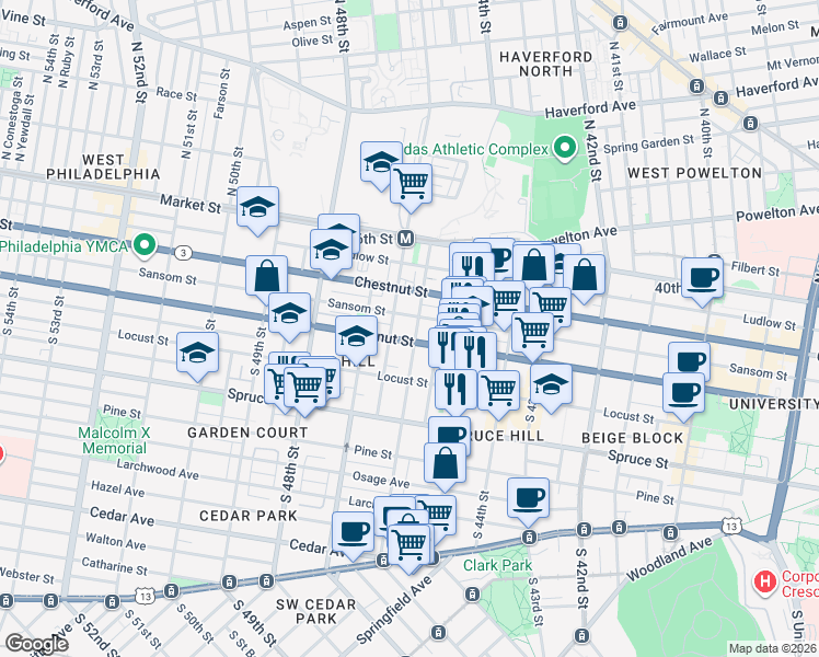 map of restaurants, bars, coffee shops, grocery stores, and more near 140 South 46th Street in Philadelphia