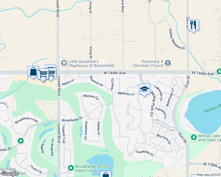 map of restaurants, bars, coffee shops, grocery stores, and more near 3108 Shannon Drive in Broomfield