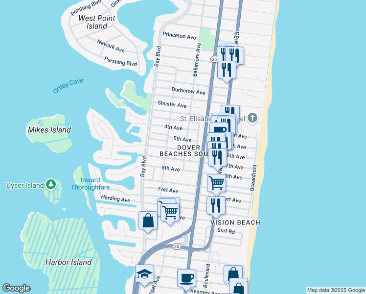 map of restaurants, bars, coffee shops, grocery stores, and more near in Toms River