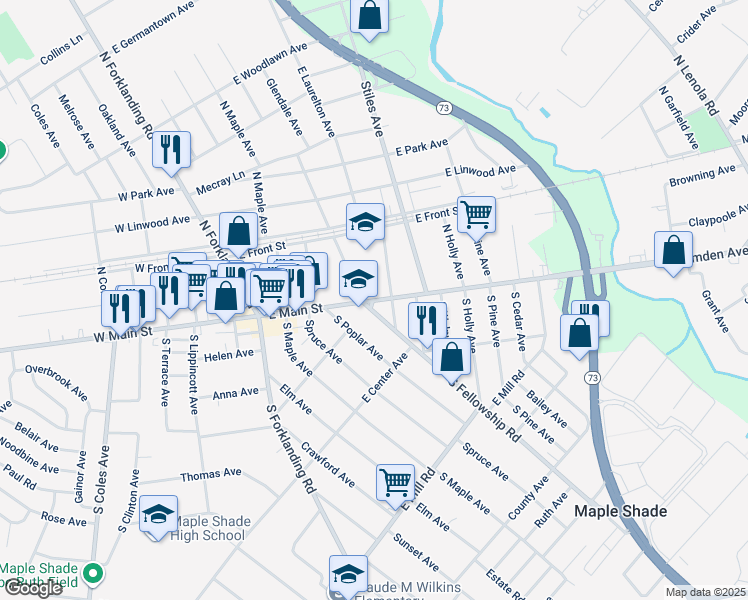 map of restaurants, bars, coffee shops, grocery stores, and more near 304 East Main Street in Maple Shade
