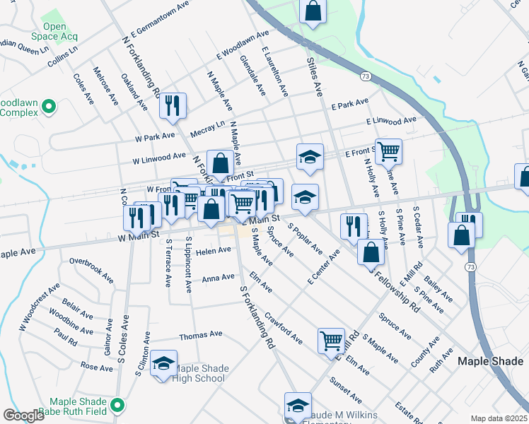 map of restaurants, bars, coffee shops, grocery stores, and more near 112 East Main Street in Maple Shade