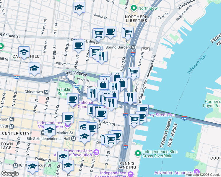 map of restaurants, bars, coffee shops, grocery stores, and more near 255 North Bodine Street in Philadelphia