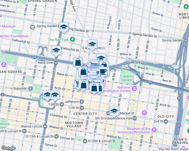 map of restaurants, bars, coffee shops, grocery stores, and more near 1001 Race Street in Philadelphia