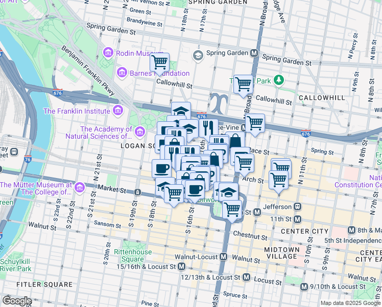map of restaurants, bars, coffee shops, grocery stores, and more near 110 North 16th Street in Philadelphia