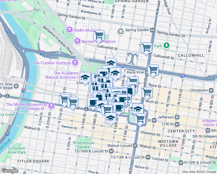 map of restaurants, bars, coffee shops, grocery stores, and more near 1631 Arch Street in Philadelphia