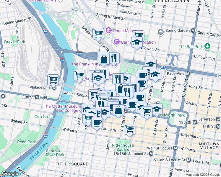 map of restaurants, bars, coffee shops, grocery stores, and more near 2030 Arch Street in Philadelphia