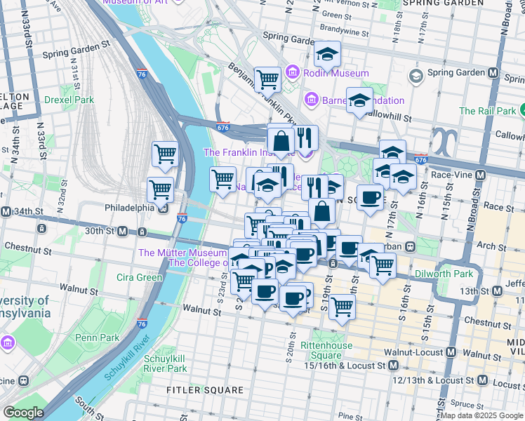 map of restaurants, bars, coffee shops, grocery stores, and more near 2112 Arch Street in Philadelphia