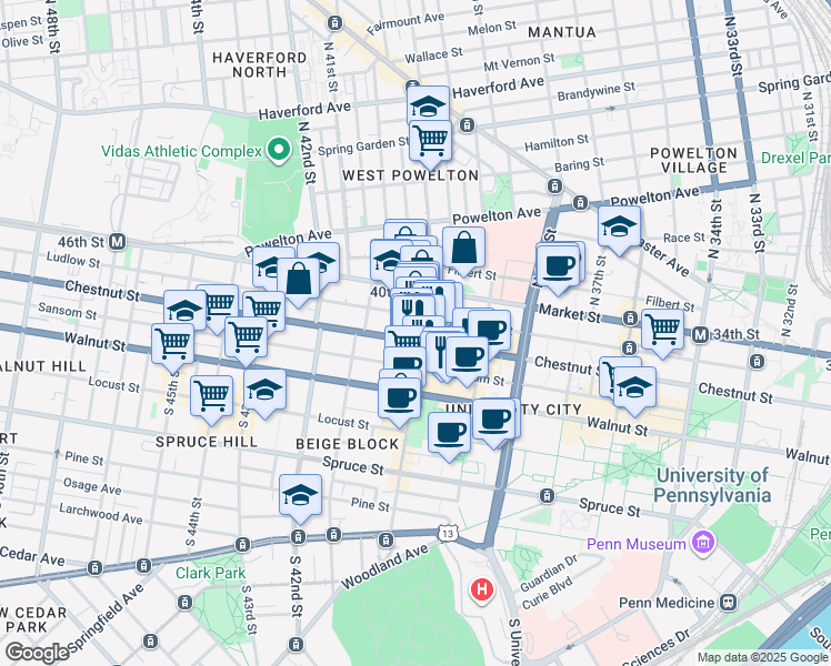 map of restaurants, bars, coffee shops, grocery stores, and more near 34 South 40th Street in Philadelphia