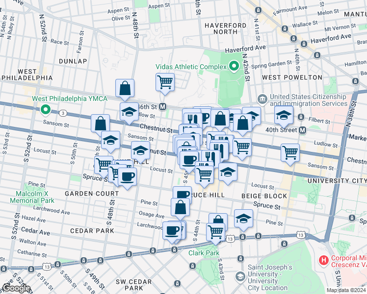 map of restaurants, bars, coffee shops, grocery stores, and more near in Philadelphia