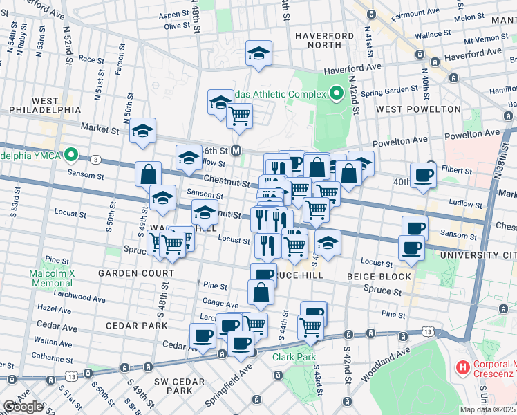 map of restaurants, bars, coffee shops, grocery stores, and more near 4528 Walnut Street in Philadelphia