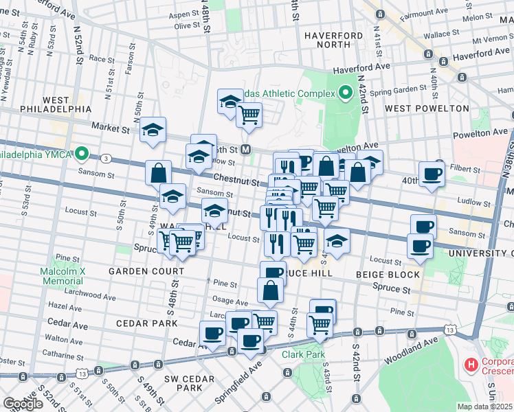 map of restaurants, bars, coffee shops, grocery stores, and more near 4528 Walnut Street in Philadelphia