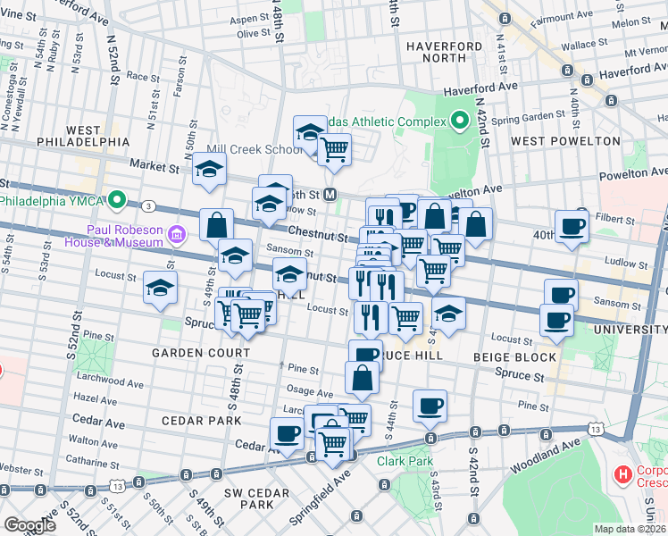 map of restaurants, bars, coffee shops, grocery stores, and more near 4620 Walnut Street in Philadelphia