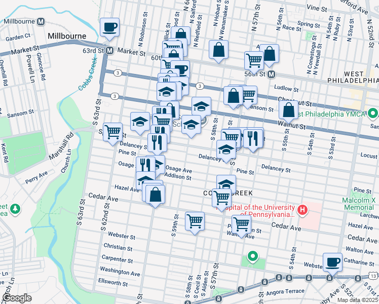 map of restaurants, bars, coffee shops, grocery stores, and more near 5901 Pine Street in Philadelphia