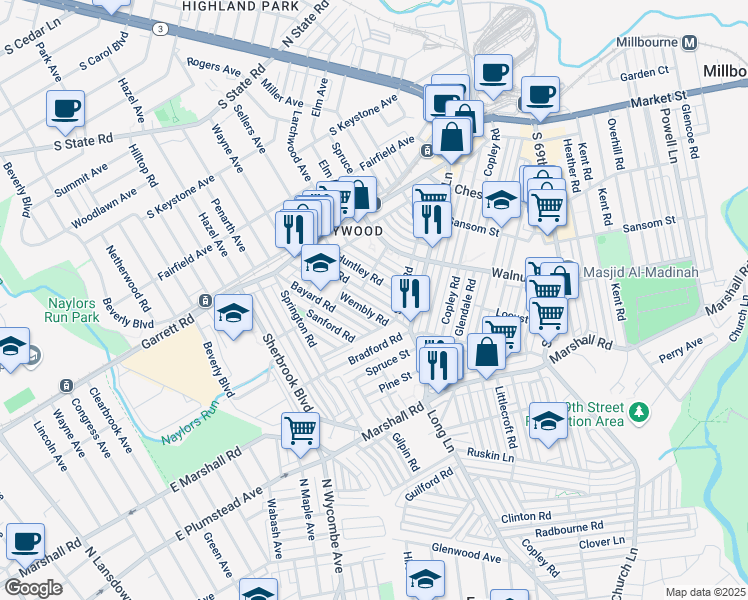 map of restaurants, bars, coffee shops, grocery stores, and more near 215 Wembly Road in Delaware County