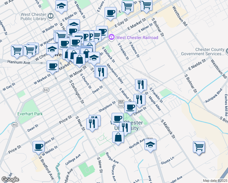 map of restaurants, bars, coffee shops, grocery stores, and more near 508 U.S. 322 Business in West Chester