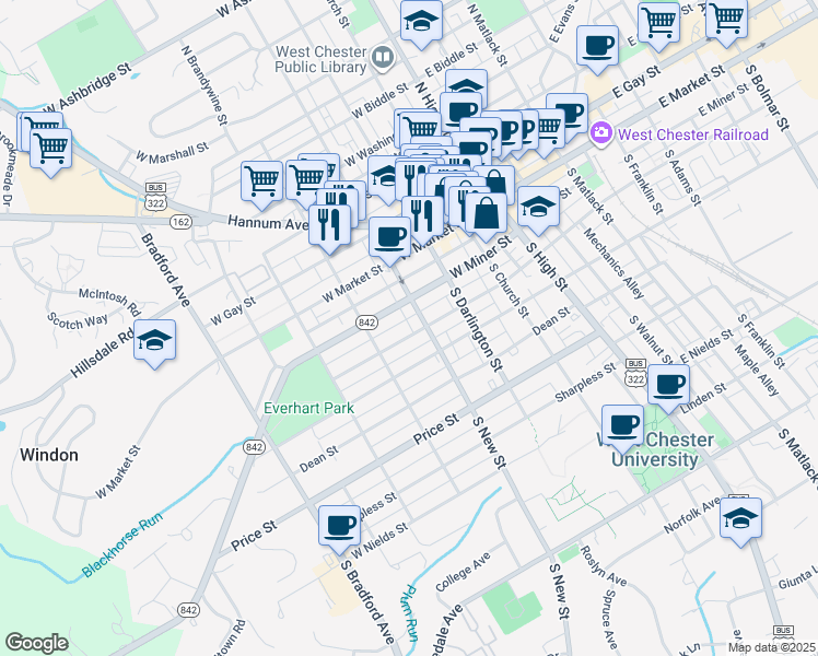 map of restaurants, bars, coffee shops, grocery stores, and more near 314 West Barnard Street in West Chester