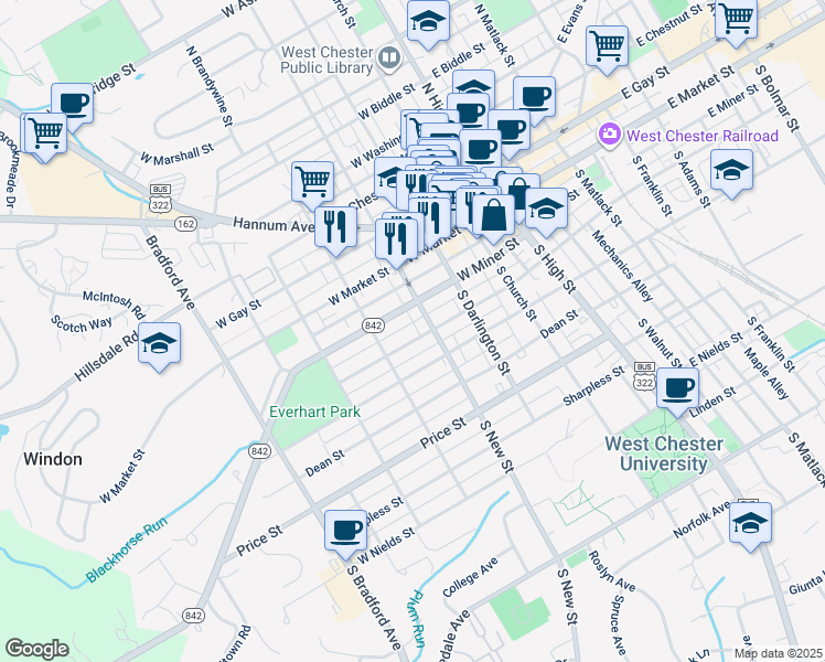 map of restaurants, bars, coffee shops, grocery stores, and more near 319 West Barnard Street in West Chester